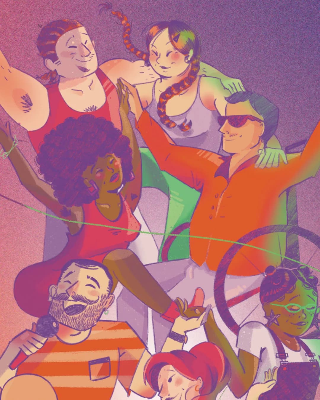 Détail de l’affiche Soleillades : danseurs bras levés, dont une femme à la coiffure afro, un homme aux lunettes rouges et un chanteur barbu au micro.