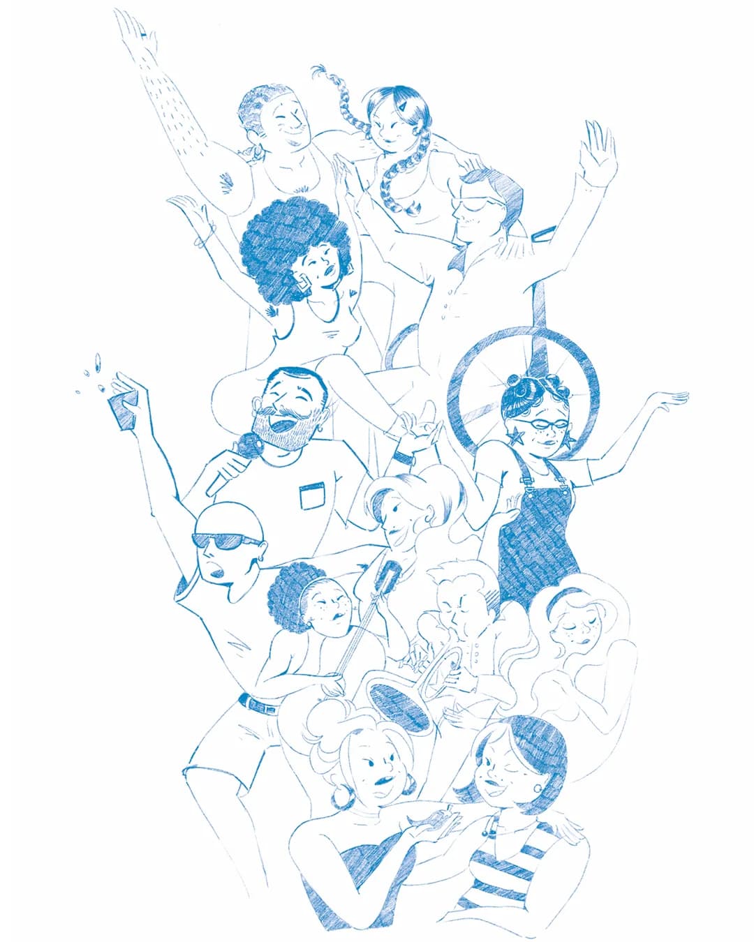 Dessin au trait bleu de la foule de l’affiche Soleillades, sur fond blanc : personnages enlacés, micro, guitare, trompette et roue de fauteuil.