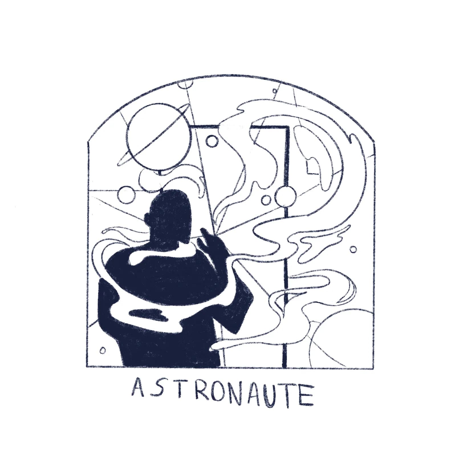 Croquis au trait de la pochette Astronaut : silhouette noire enlacée de volutes, planète à anneau et porte dans une arche, titre écrit à la main.