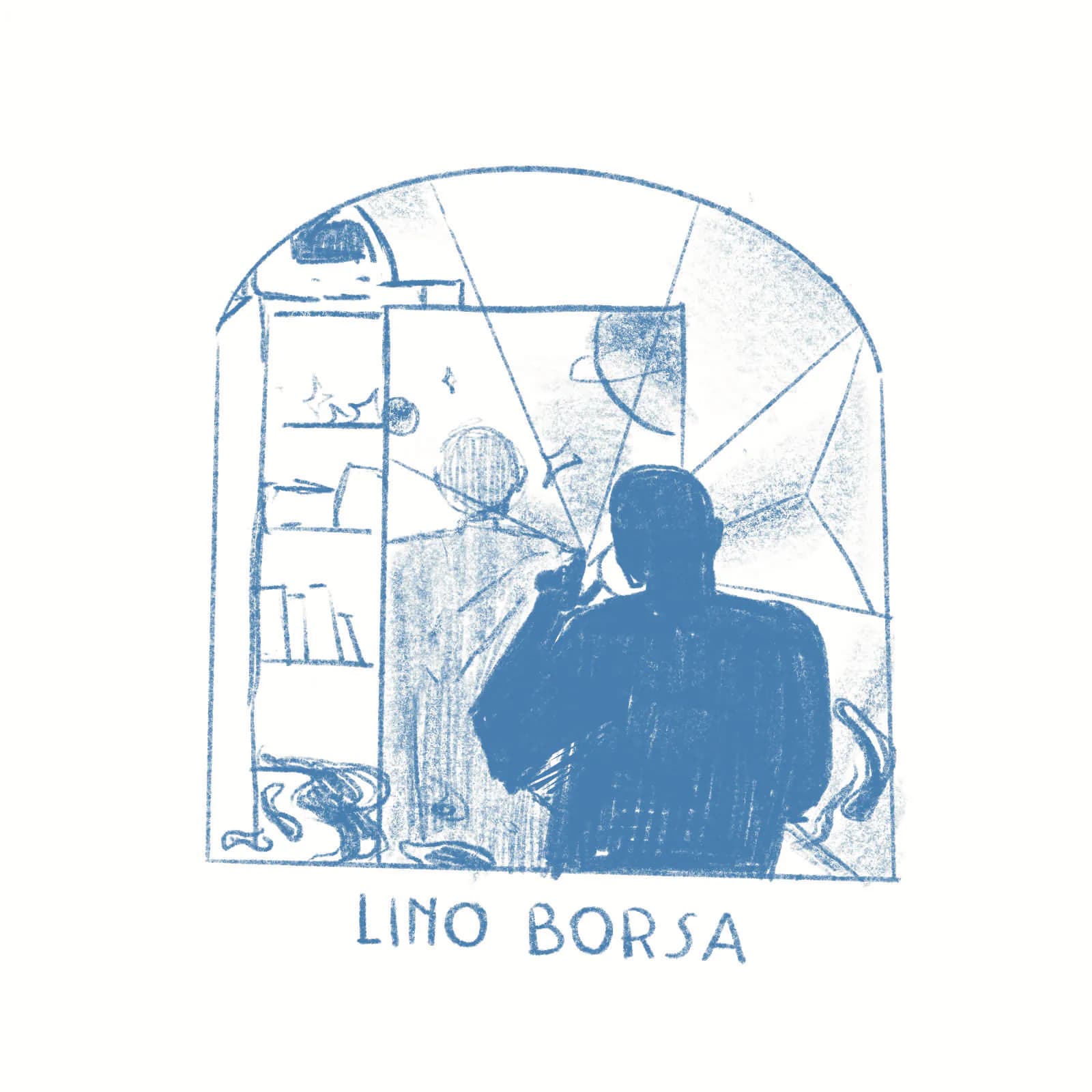 Croquis bleu de la pochette Midnight pour Lino Borsa : silhouette de dos devant une porte sous une arche, bibliothèque à gauche, planète et étoiles.