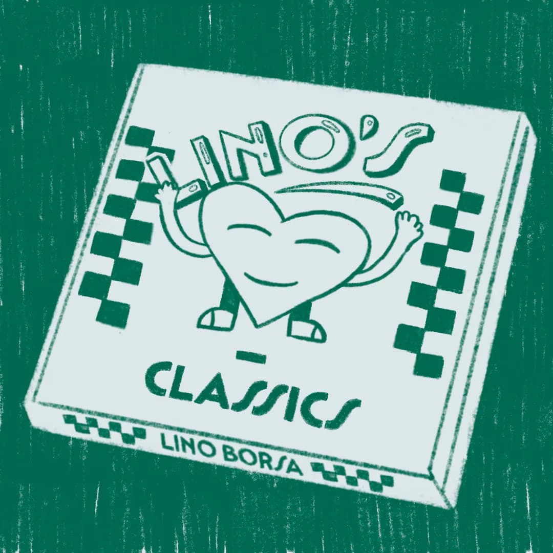 Visuel de playlist Classics pour Lino Borsa : cœur mascotte souriant sur une boîte marquée LINO’S bordée de damiers, fond vert foncé.
