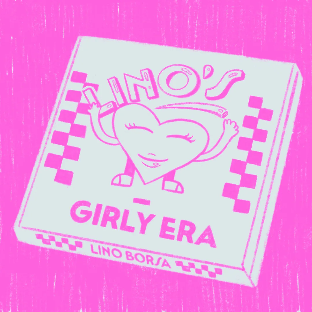 Visuel de playlist Girly Era pour Lino Borsa : cœur mascotte aux cils et lèvres dessinés sur une boîte LINO’S à damiers, fond rose vif.