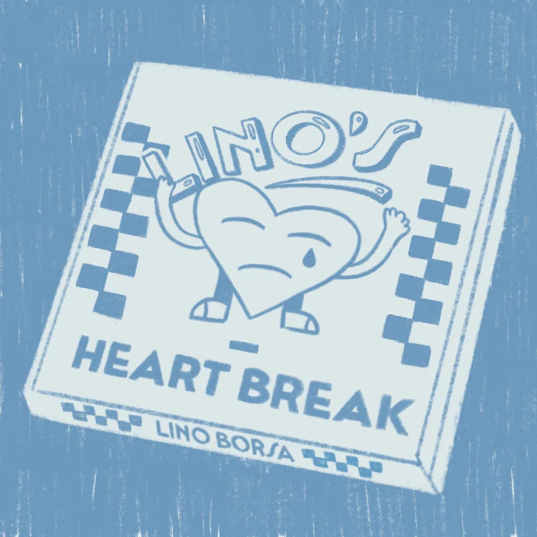 Visuel de playlist Heartbreak pour Lino Borsa : cœur mascotte triste avec une larme, sur une boîte LINO’S à damiers, fond bleu gris.