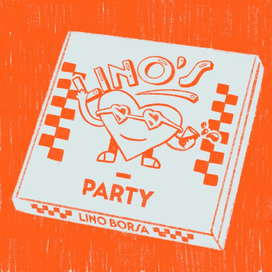 Visuel de playlist Party pour Lino Borsa : cœur mascotte à lunettes en cœur, verre à la main, sur une boîte LINO’S à damiers, fond orange.