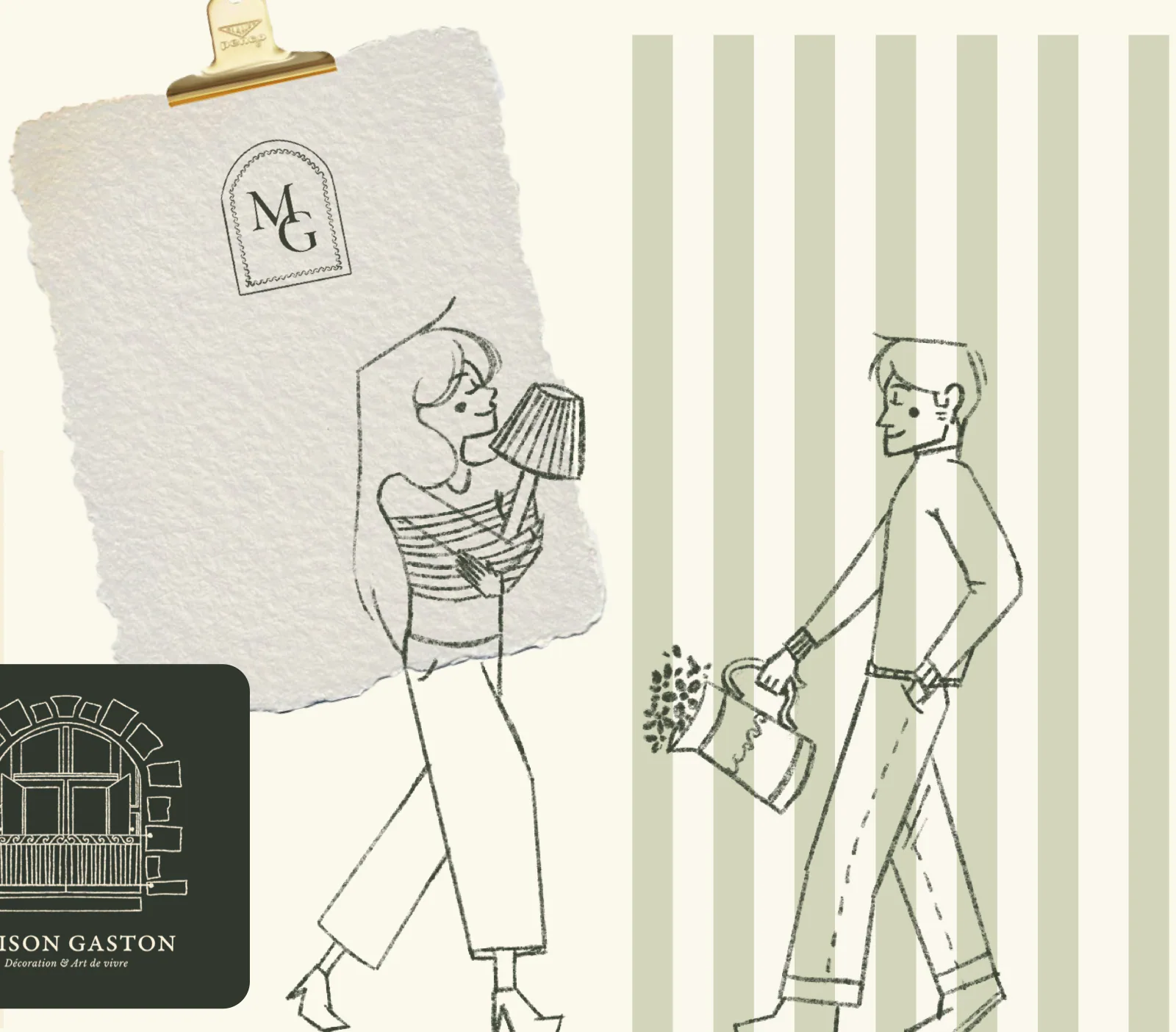 Univers de Maison Gaston : monogramme MG sur papier texturé, logo sur une carte vert olive, femme tenant une lampe et homme portant un arrosoir fleuri, devant des rayures vert sauge.