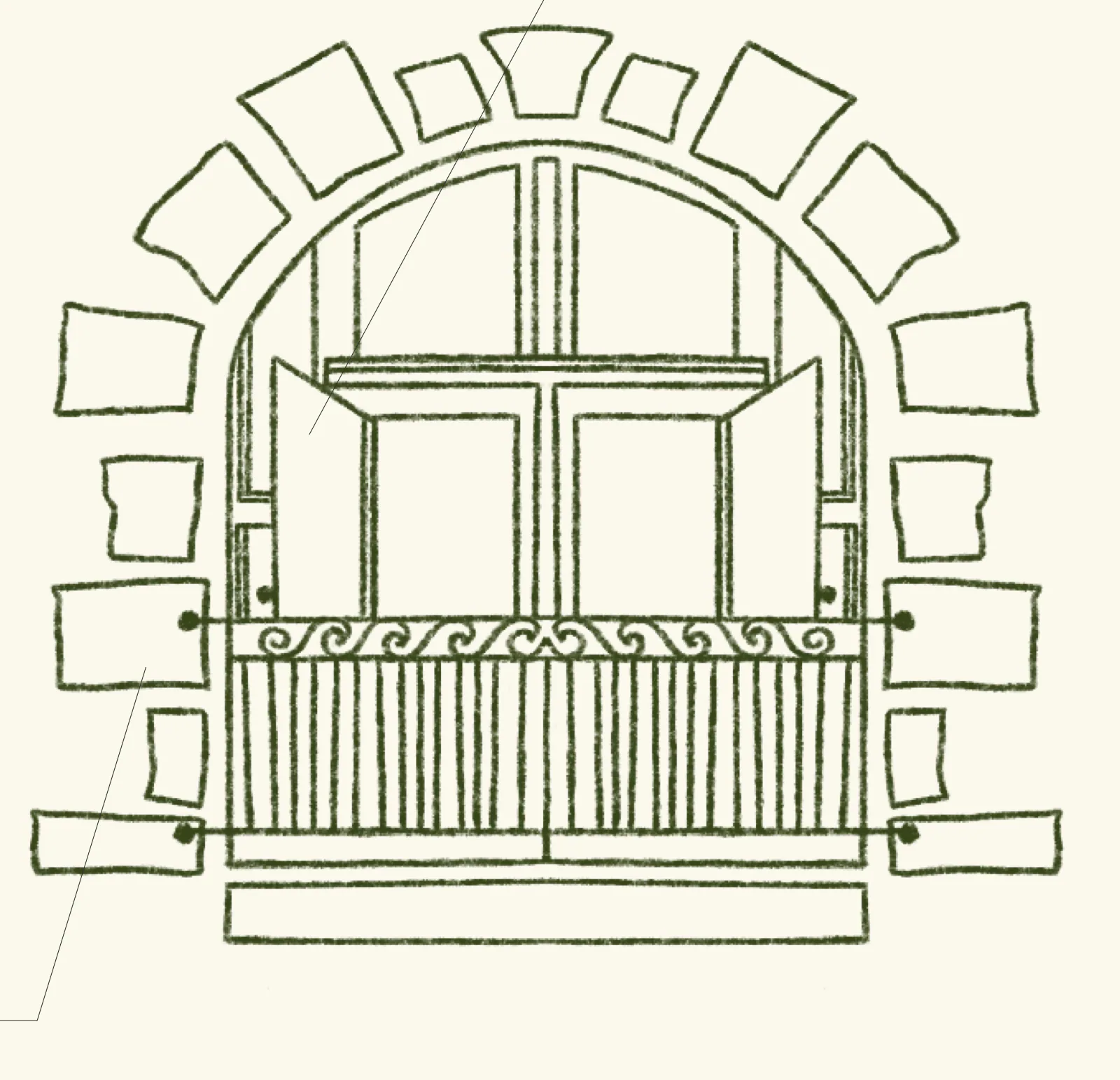 Dessin du logo Maison Gaston au trait vert : une fenêtre ouverte sous un arc de pierres irrégulières, avec un balcon en fer forgé et des pavés caricaturés.