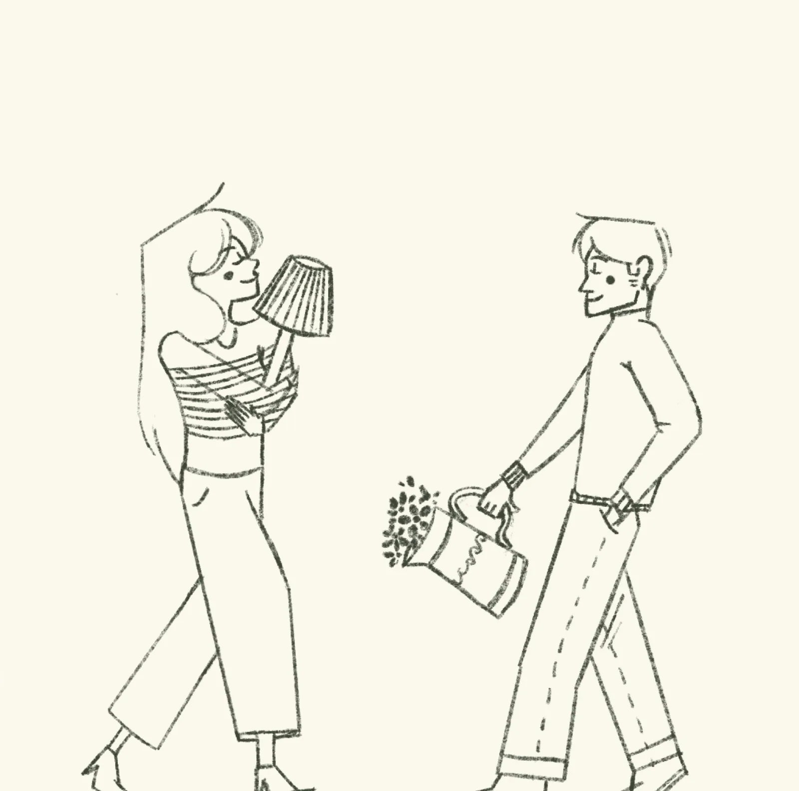 Deux personnages au trait vert profond : une femme en marinière serre une lampe contre elle, un homme marche avec un arrosoir rempli de fleurs.