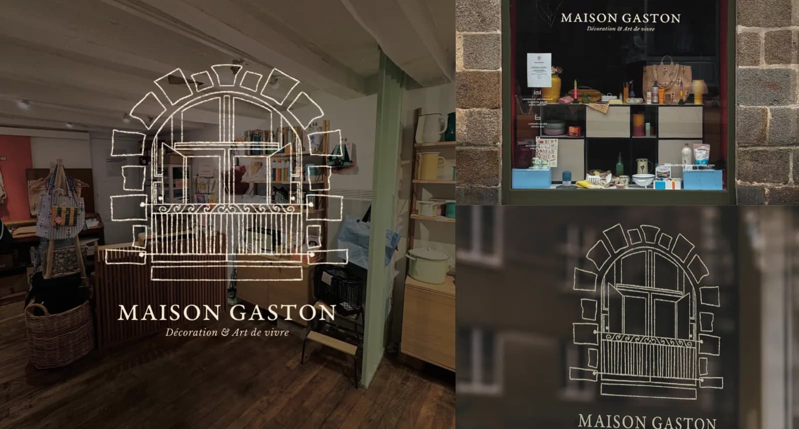 Maquettes du logo Maison Gaston tracé en blanc sur la vitre de la boutique, vu de l’intérieur et depuis la rue.