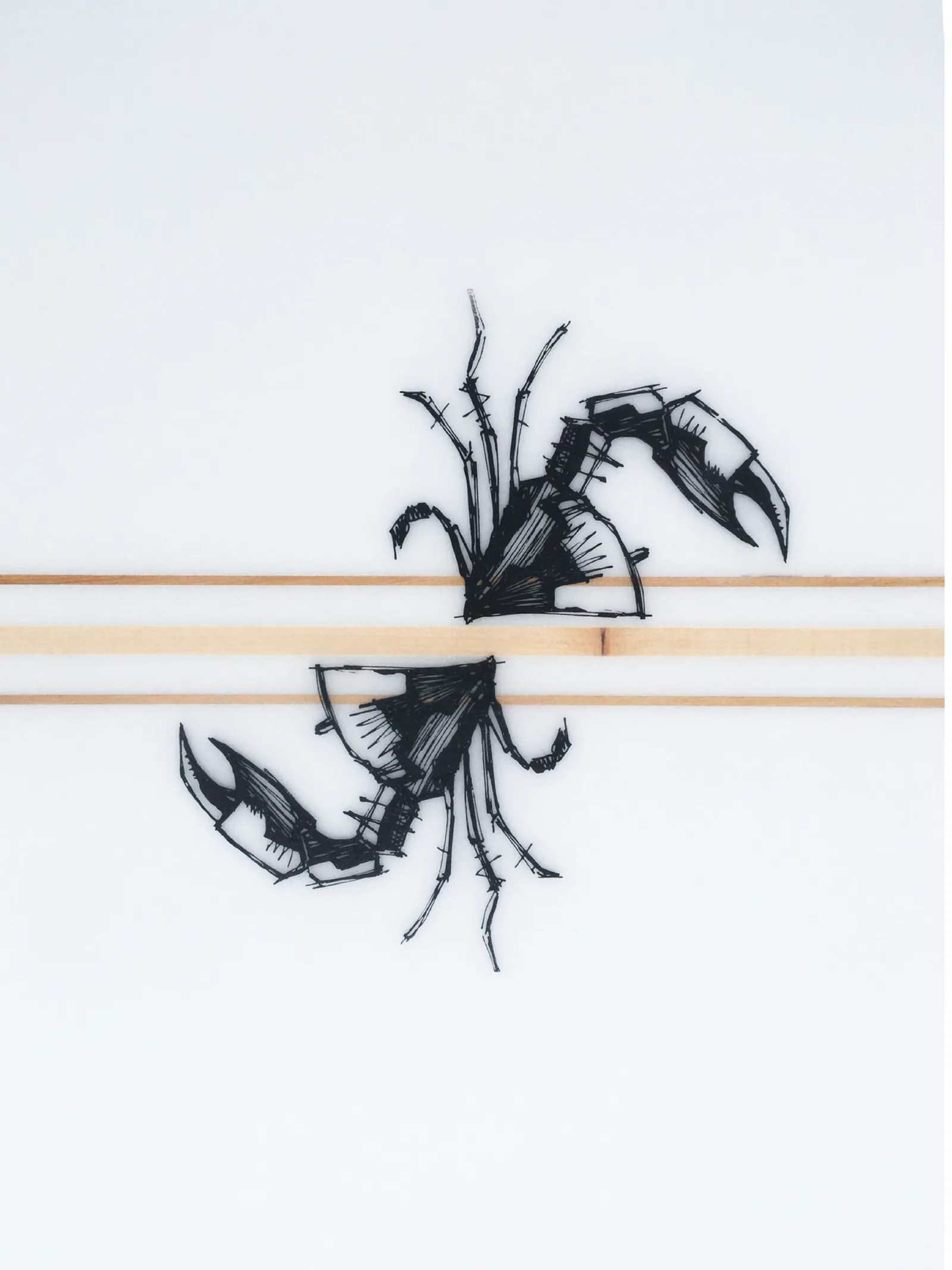 Autre face de la planche Frères Gaux : deux crustacés dessinés au trait noir, tête-bêche de part et d’autre des baguettes de bois