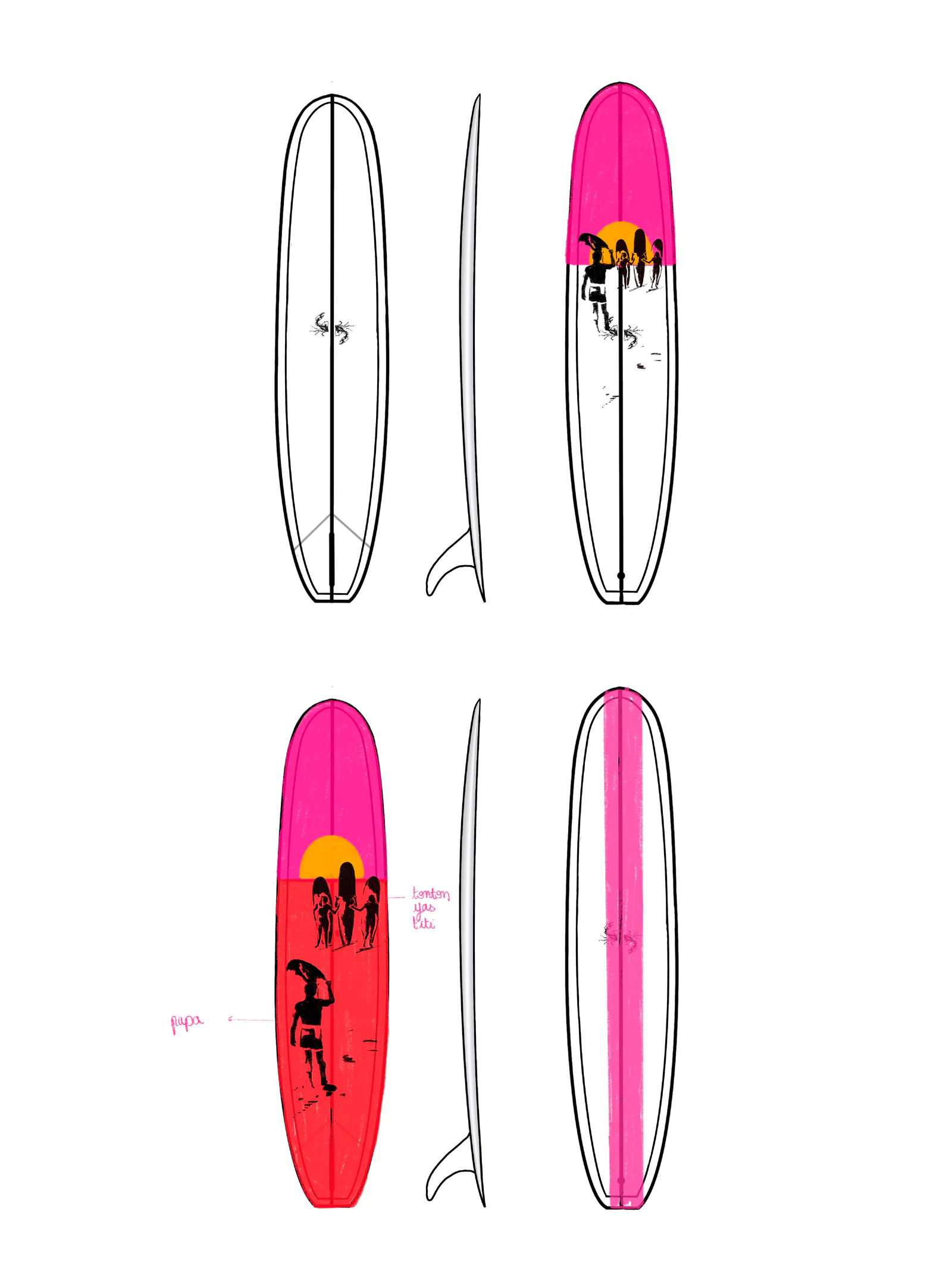 Plans de la planche Frères Gaux en six vues, faces et profils avec dérive, en deux options de couleur : rose et blanc, ou rose et rouge
