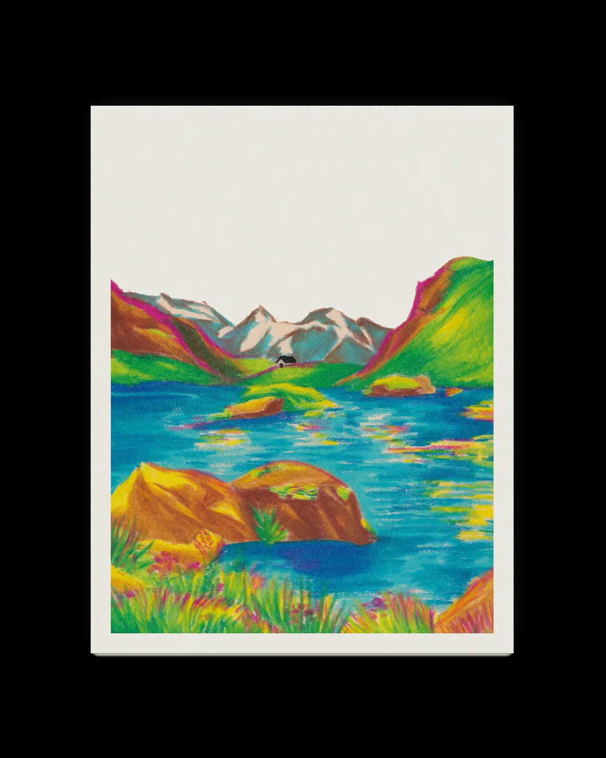 Le print Eau, un lac de montagne turquoise, présenté sur une feuille sur fond clair.