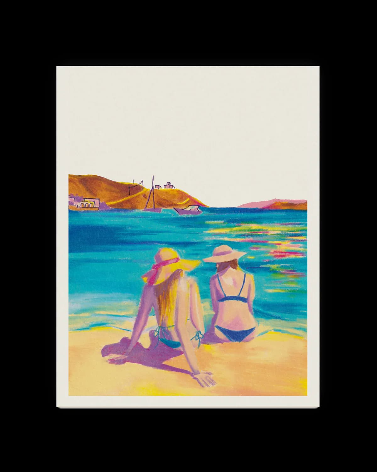 Le print Ugo, deux baigneuses face à la mer, présenté sur une feuille sur fond clair.