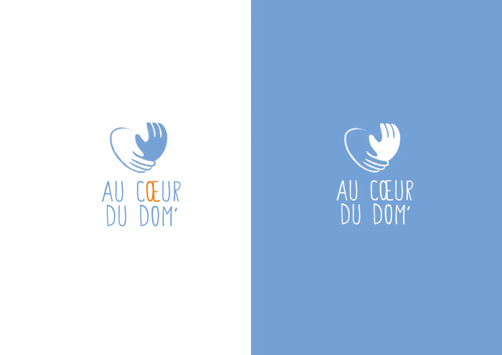Logo de la piste Entraide : deux mains bleues formant un cœur, nom en capitales manuscrites avec Œ orange, sur blanc puis en blanc sur bleu.