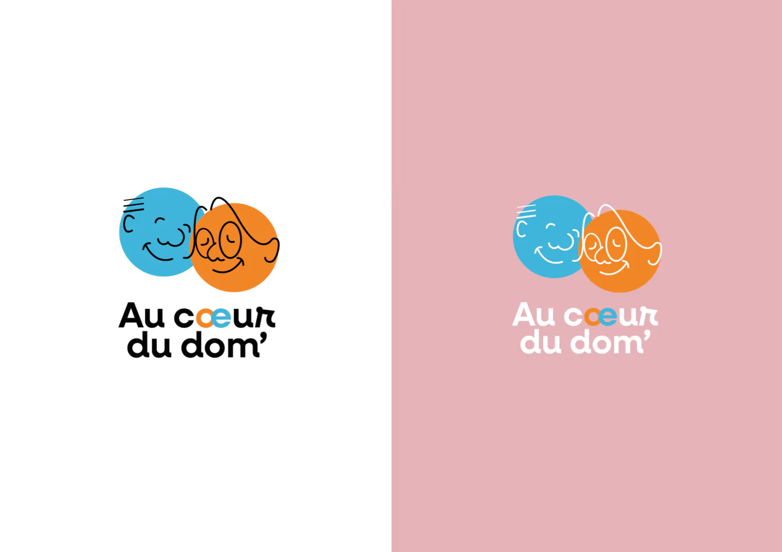 Logo Au cœur du dom’ en couleur sur fond blanc, puis sur fond rose avec traits et nom en blanc, les cercles restant bleu et orange.