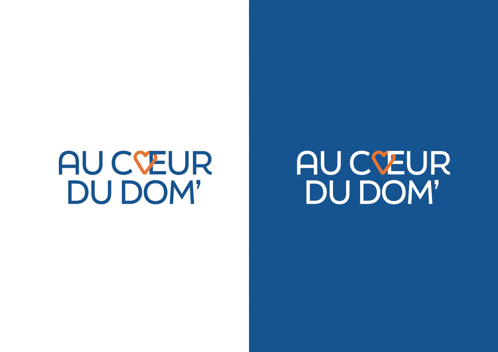 Logo de la piste Le lien : AU CŒUR DU DOM’ en capitales bleu profond, le Œ transformé en cœur orange, sur blanc puis en blanc sur bleu.