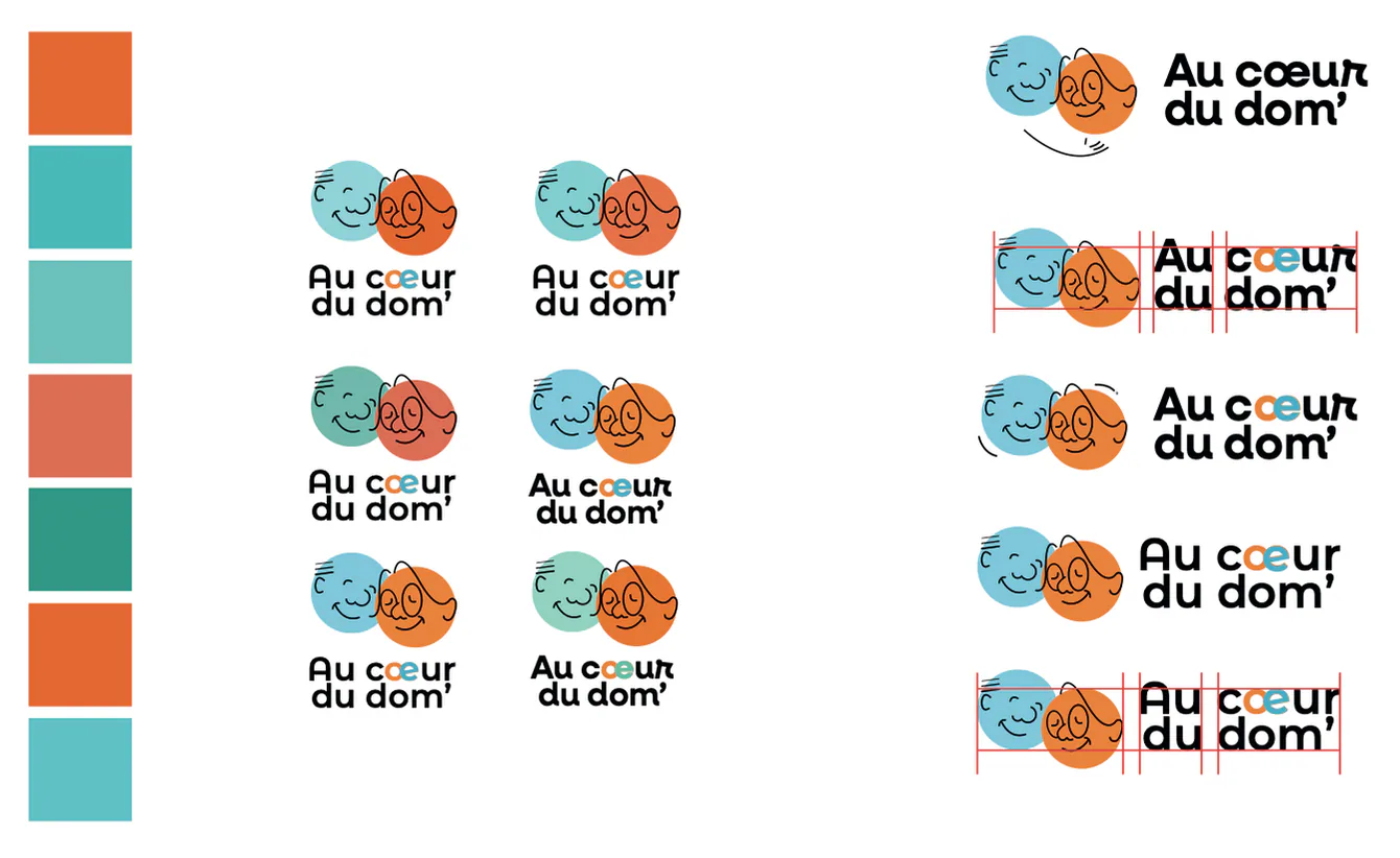 Tests du logo Au cœur du dom’ : nuancier orange, turquoise et vert, six versions verticales et cinq horizontales, dont deux sur grille rouge.