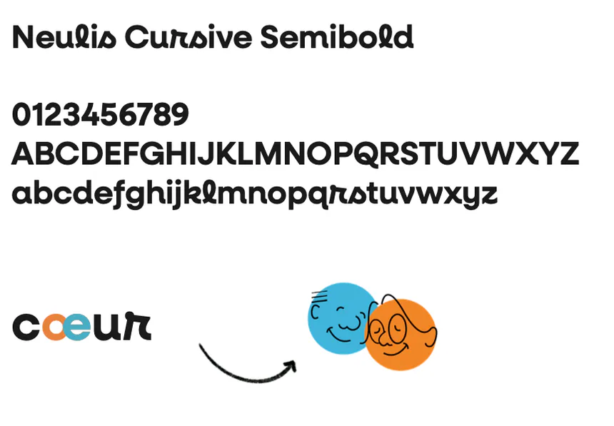 Alphabet Neulis Cursive Semibold et mot « cœur » aux lettres o et e en orange et bleu, relié par une flèche aux deux visages du logo.