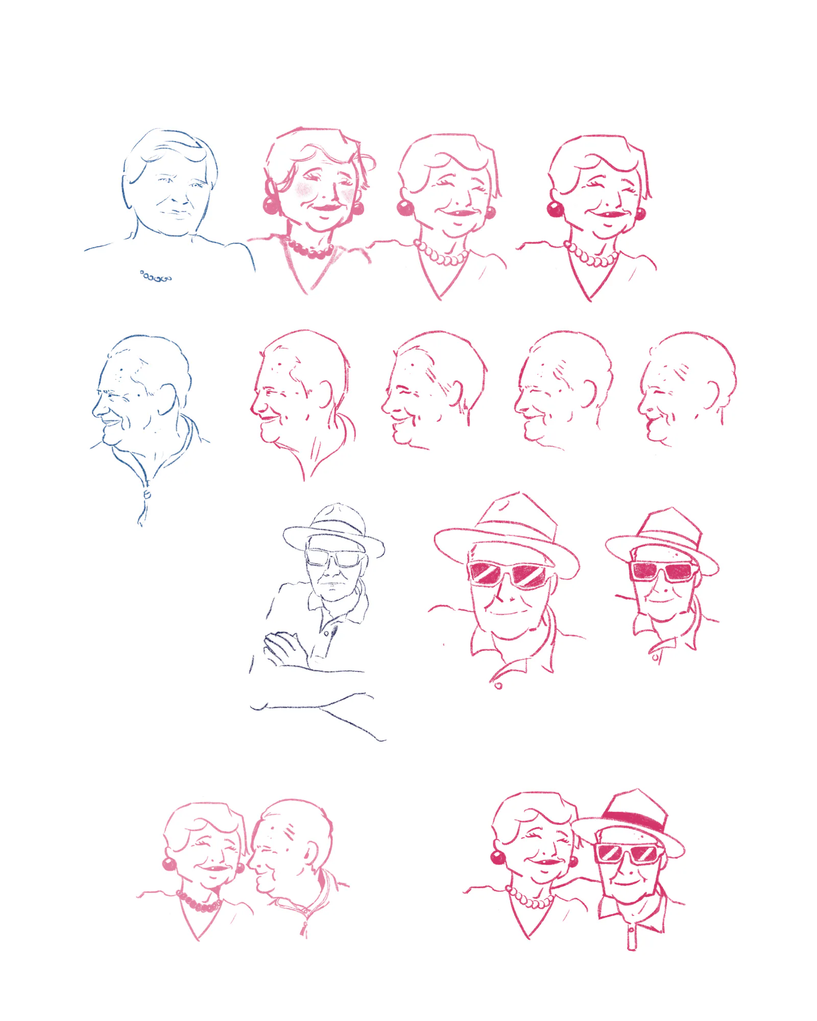 Planche de croquis des cartes de visite : visages d’Amélie et Robert en bleu et en rose, Robert de profil ou en chapeau, deux essais de duo