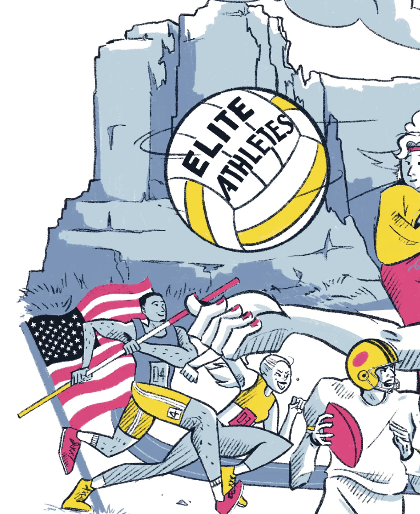 Détail de l’illustration Elite Athlètes : ballon de volley siglé devant des falaises, coureur au drapeau américain, coureuse et joueur de football américain