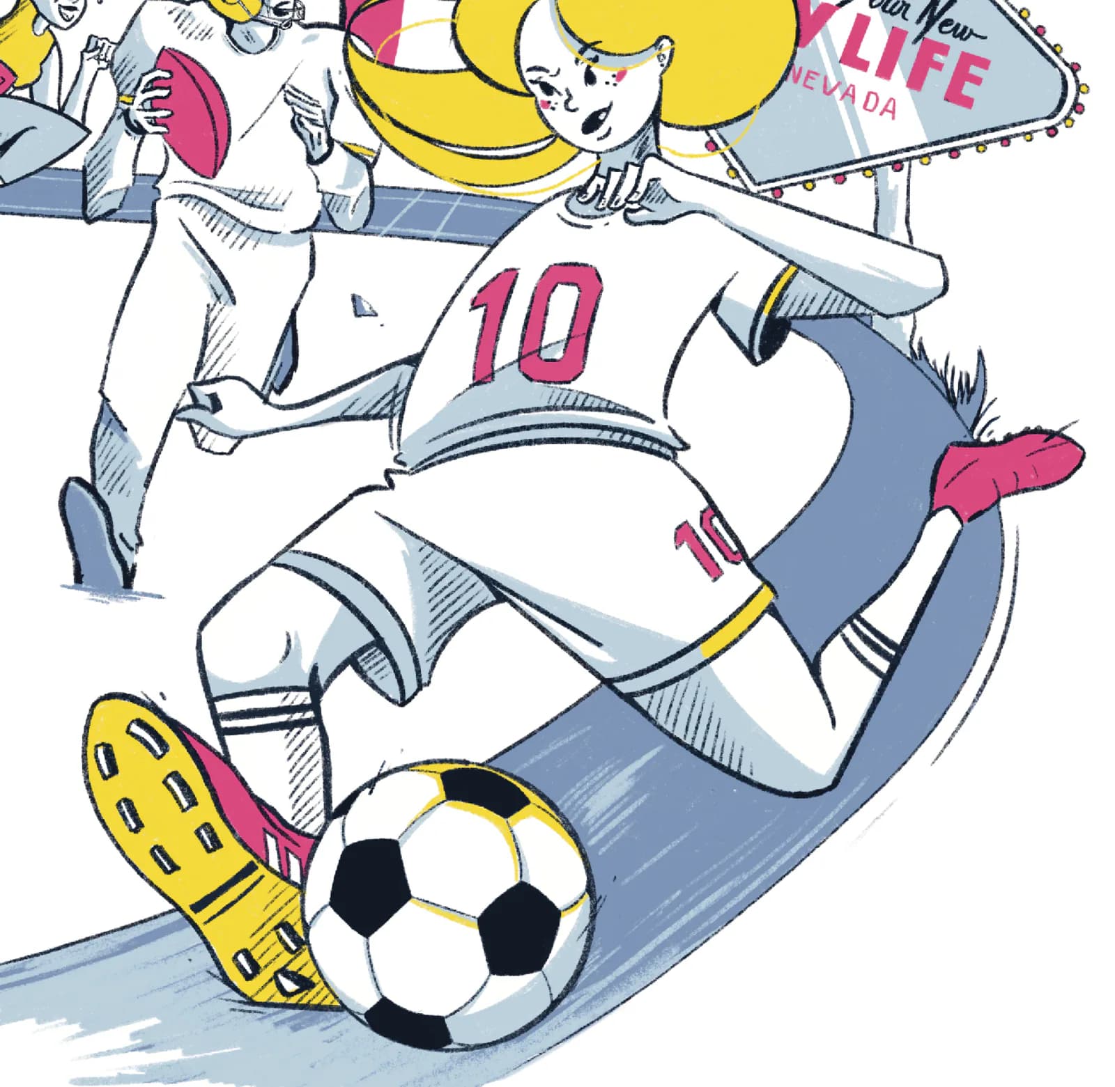 Détail de l’illustration Elite Athlètes : footballeuse blonde au maillot numéro 10 qui frappe le ballon, crampon jaune au premier plan