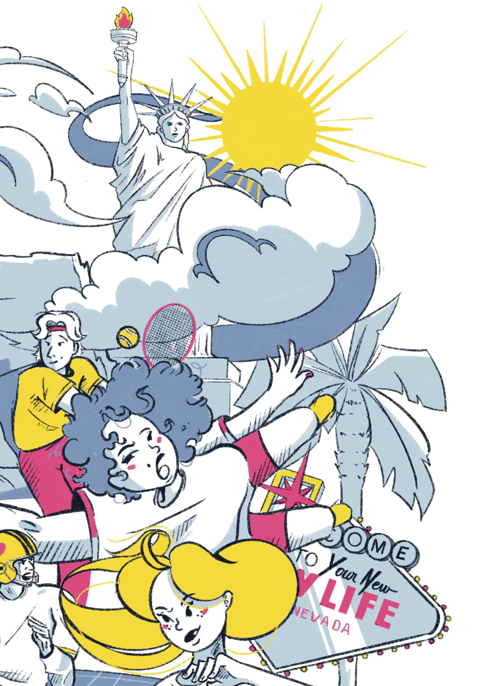 Détail : statue de la Liberté sous un soleil jaune, raquette de tennis, sportive aux cheveux bouclés en plein saut, palmier et panneau lumineux Nevada