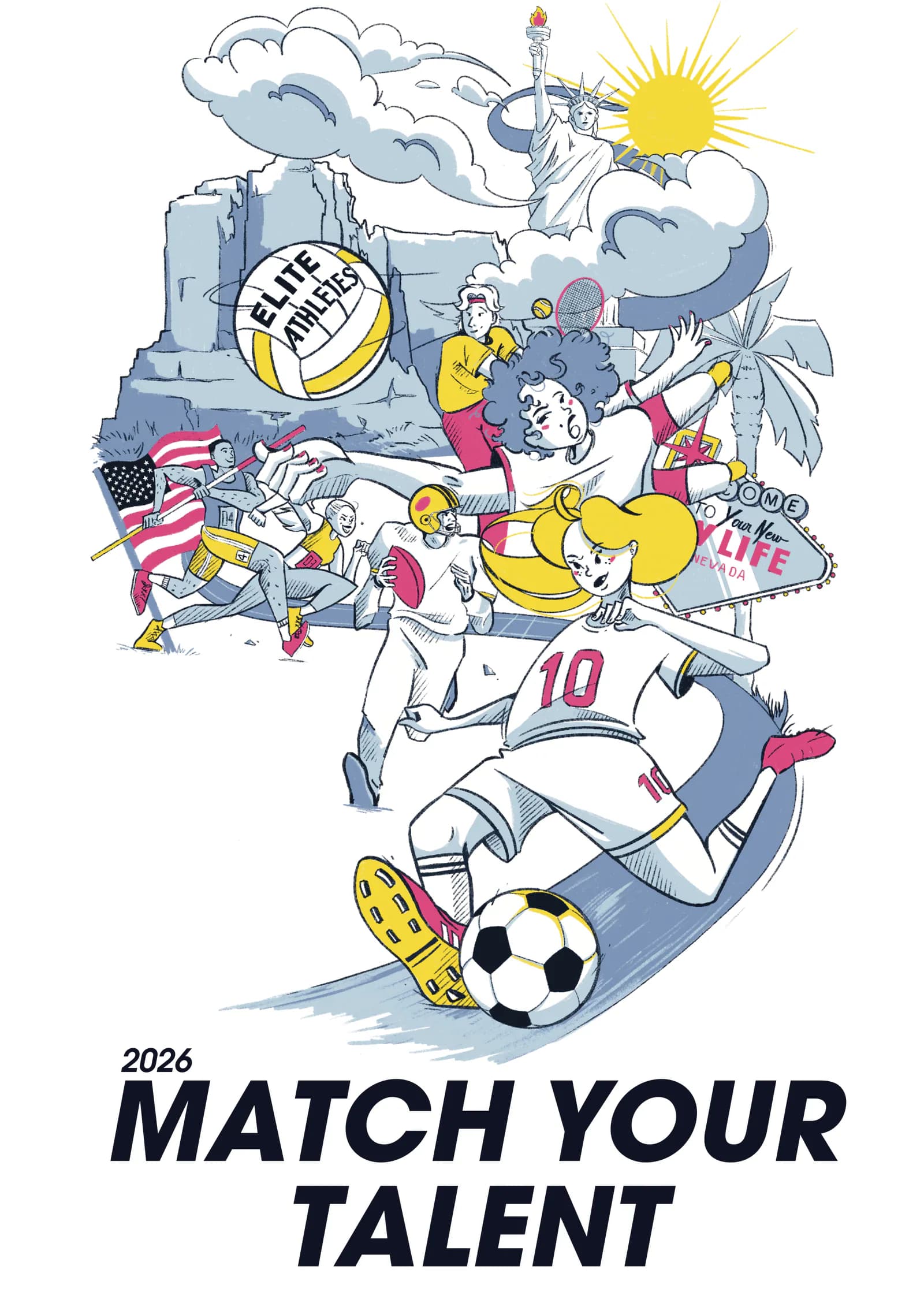 La même illustration Elite Athlètes sur fond blanc, avec le slogan 2026 Match your talent composé en bleu nuit sous la footballeuse