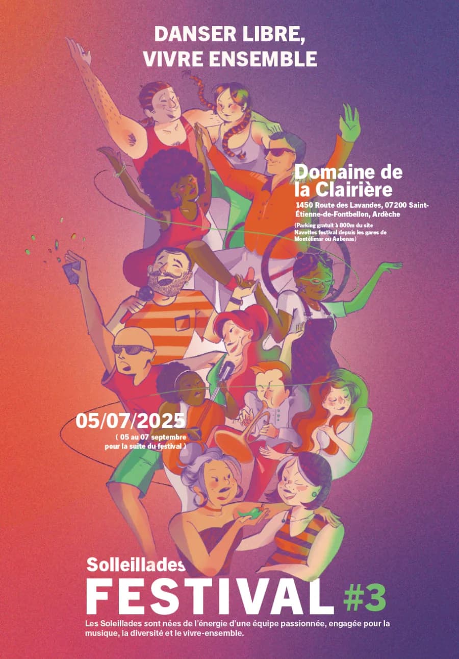 Affiche du festival fictif Soleillades : une foule dansante et inclusive sur un dégradé orange et violet, sous le slogan « Danser libre, vivre ensemble ».
