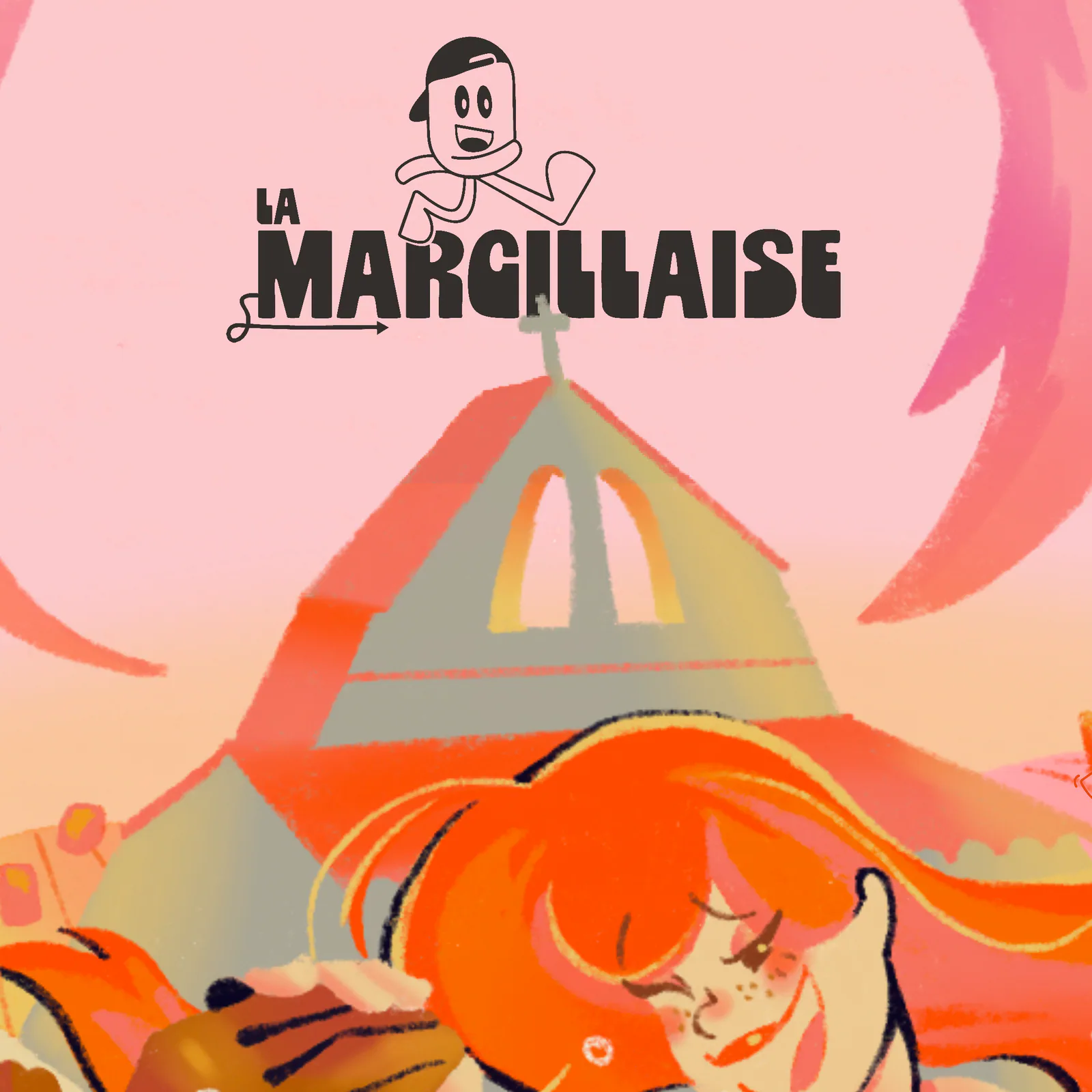 Haut de l’affiche La Marcillaise : le titre surmonté de la mascotte à casquette, puis l’église au toit gris et au clocher ajouré sur un ciel rose.
