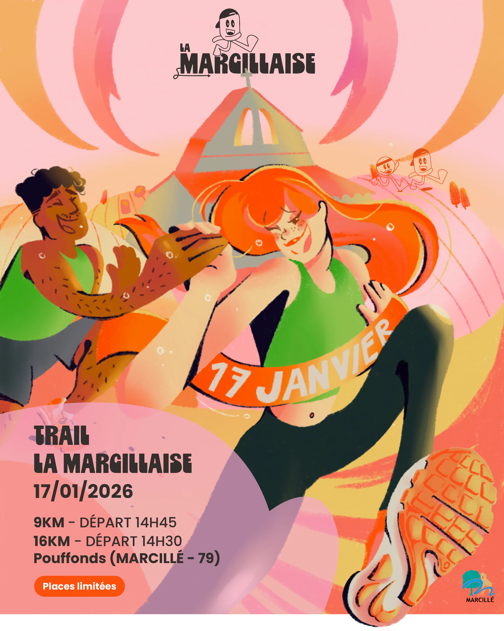 Affiche du trail La Marcillaise : devant l’église, un coureur serre la main d’une coureuse rousse en débardeur vert, sur un fond rose et orange.