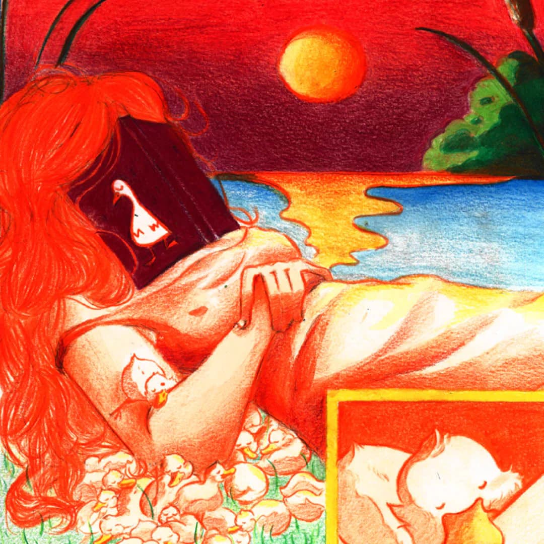 Détail de Pérégrination : livre rouge sombre orné d’un canard sur le visage de la jeune fille, soleil sur la mer et caneton endormi dans une case